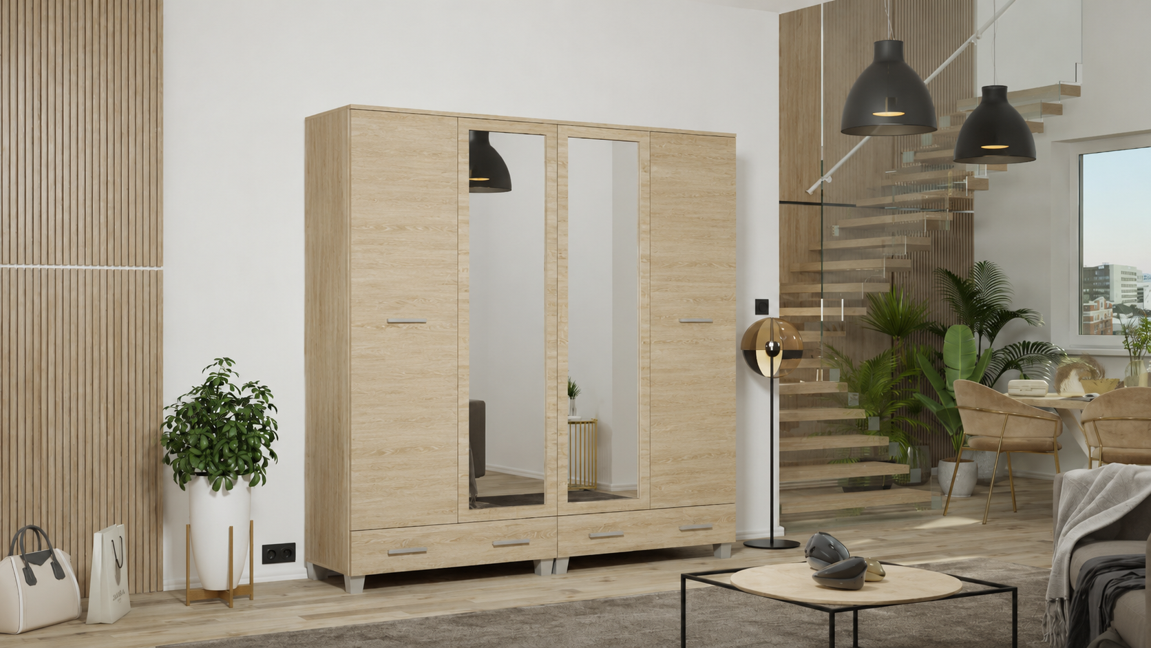 Gion 200 cm gardrób Sonoma – polcos, akasztós, fiókos