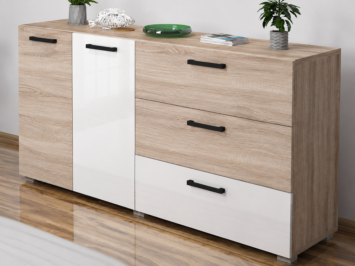 Capri 160 cm-es komód – Sonoma / Magasfényű fehér